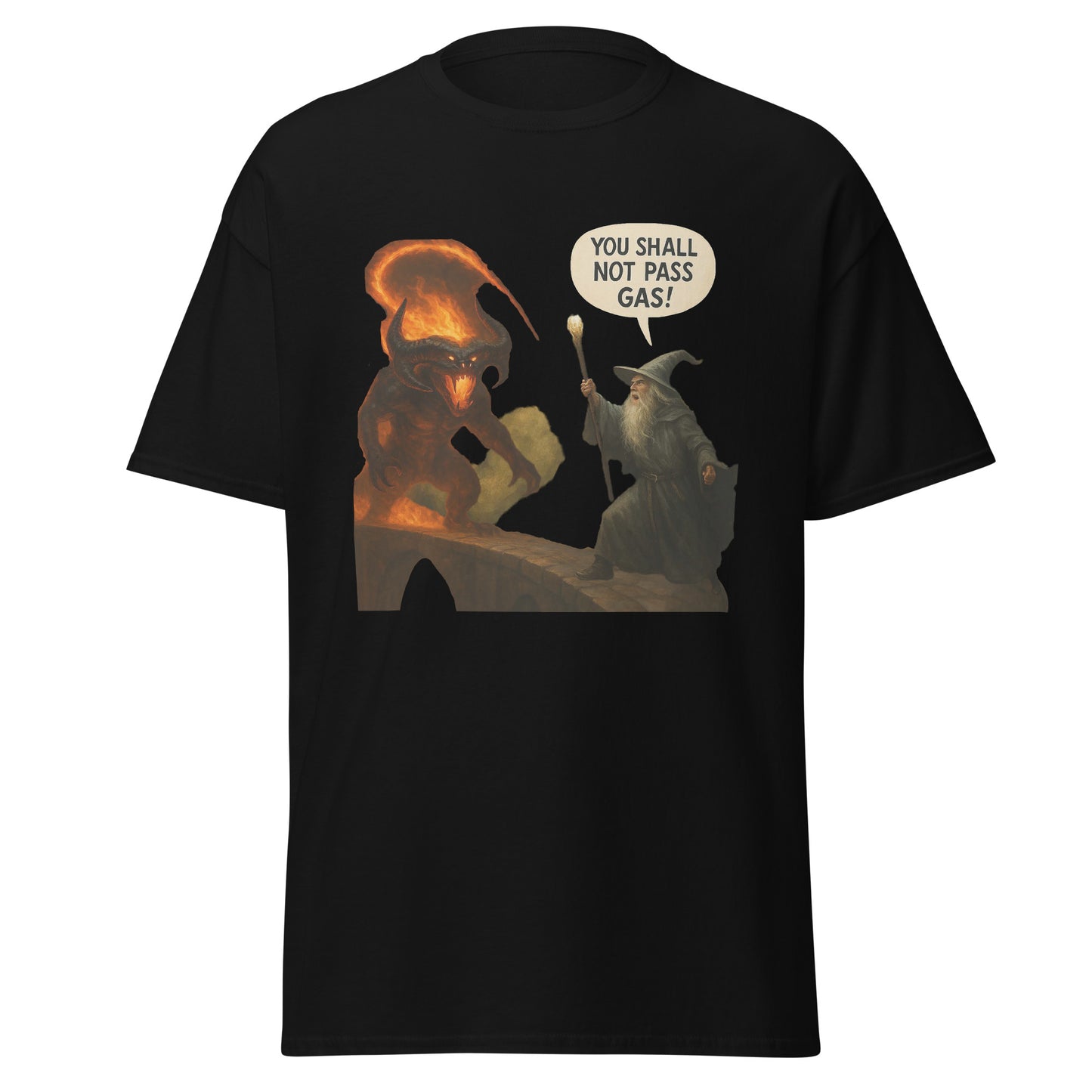 Fantasy Tees Plus black fantasy humorous t-shirt with wizard saying you shall not pass gas