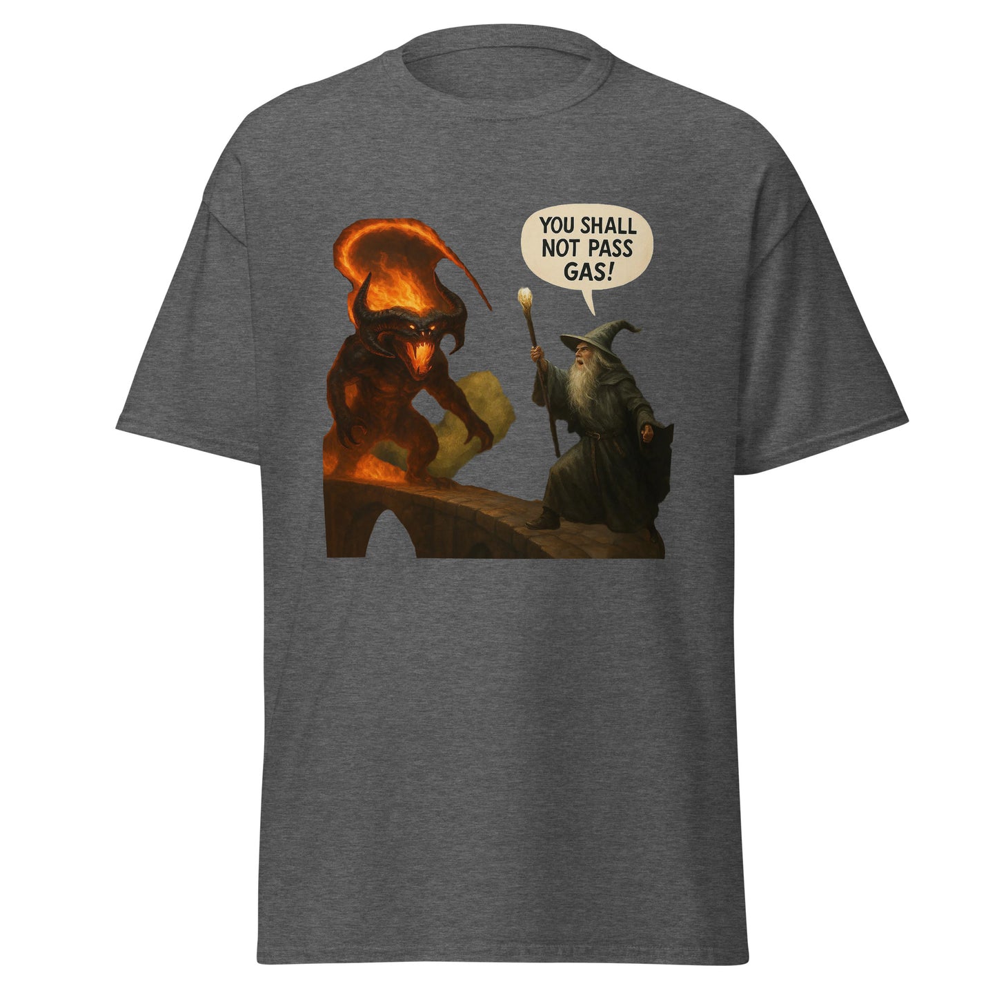 Fantasy humorous t-shirt from Fantasy Tees Plus with a wizard and fiery monster cartoon scene