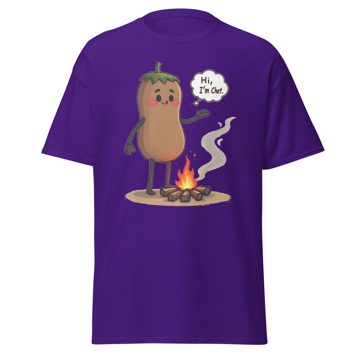 Purple Fantasy Tees Plus funny holiday t-shirt featuring a cartoon eggplant character by a campfire