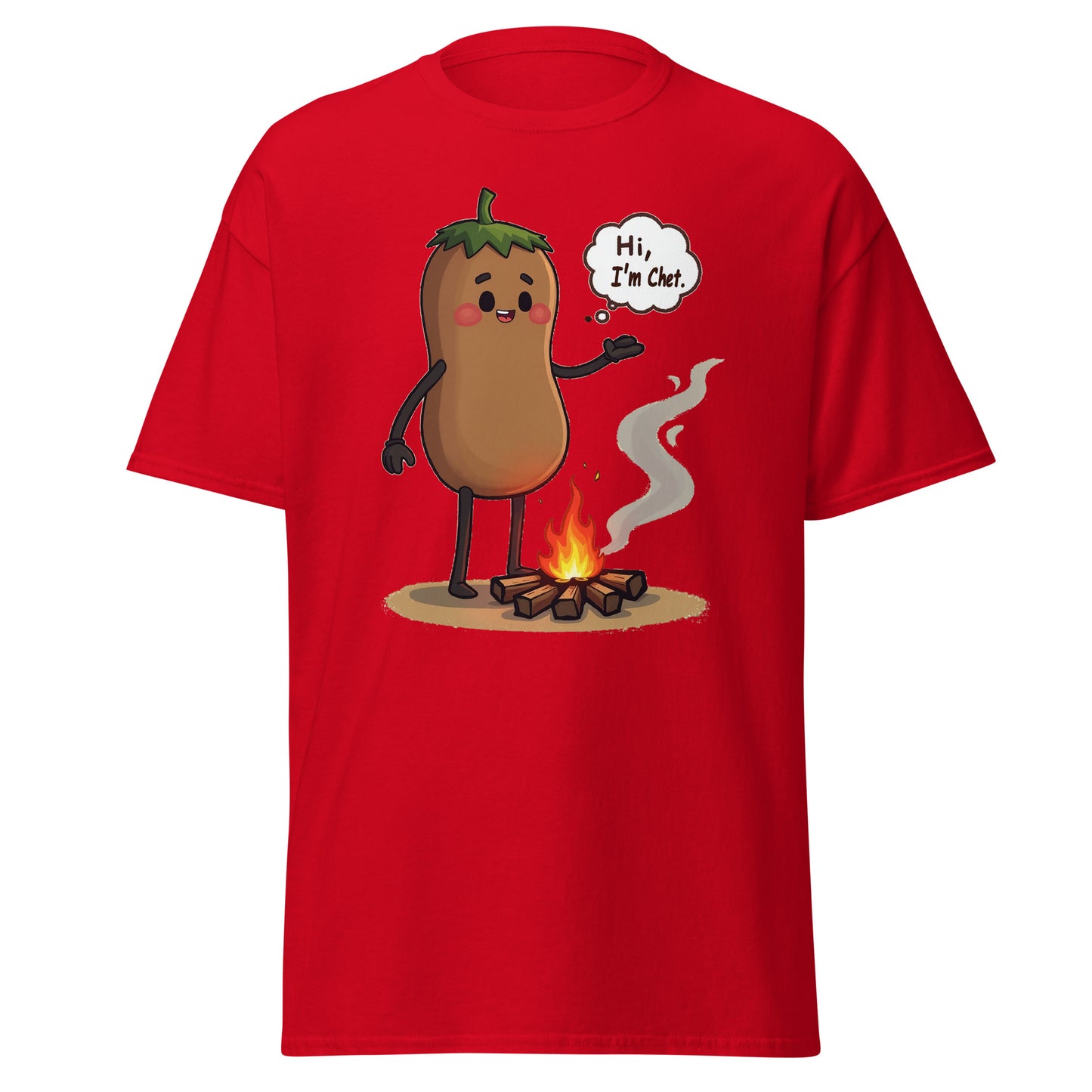 Red funny holiday t-shirt from Fantasy Tees Plus featuring a cartoon chili pepper character by a campfire