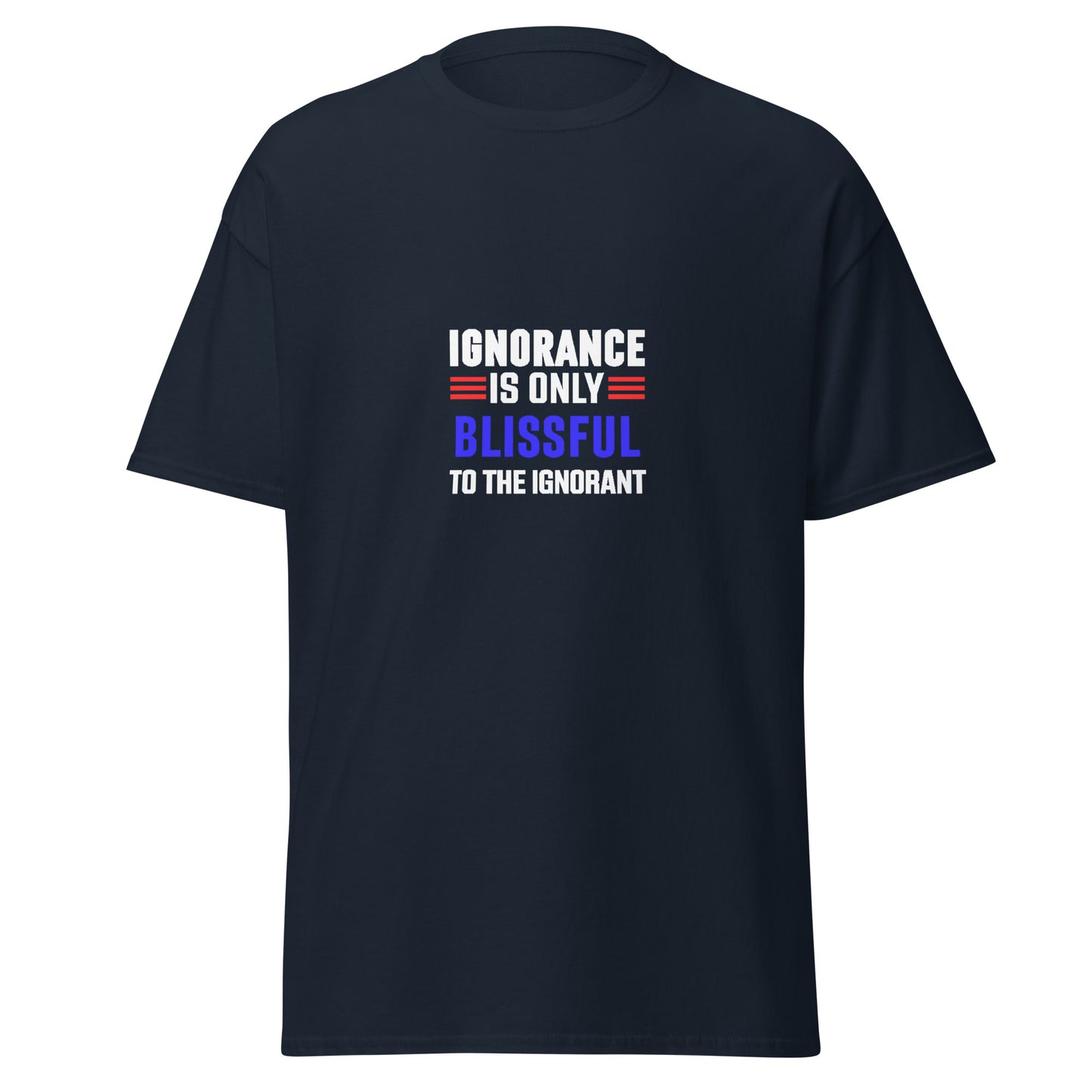 Navy funny typography t-shirt from Fantasy Tees Plus with bold white red and blue text design