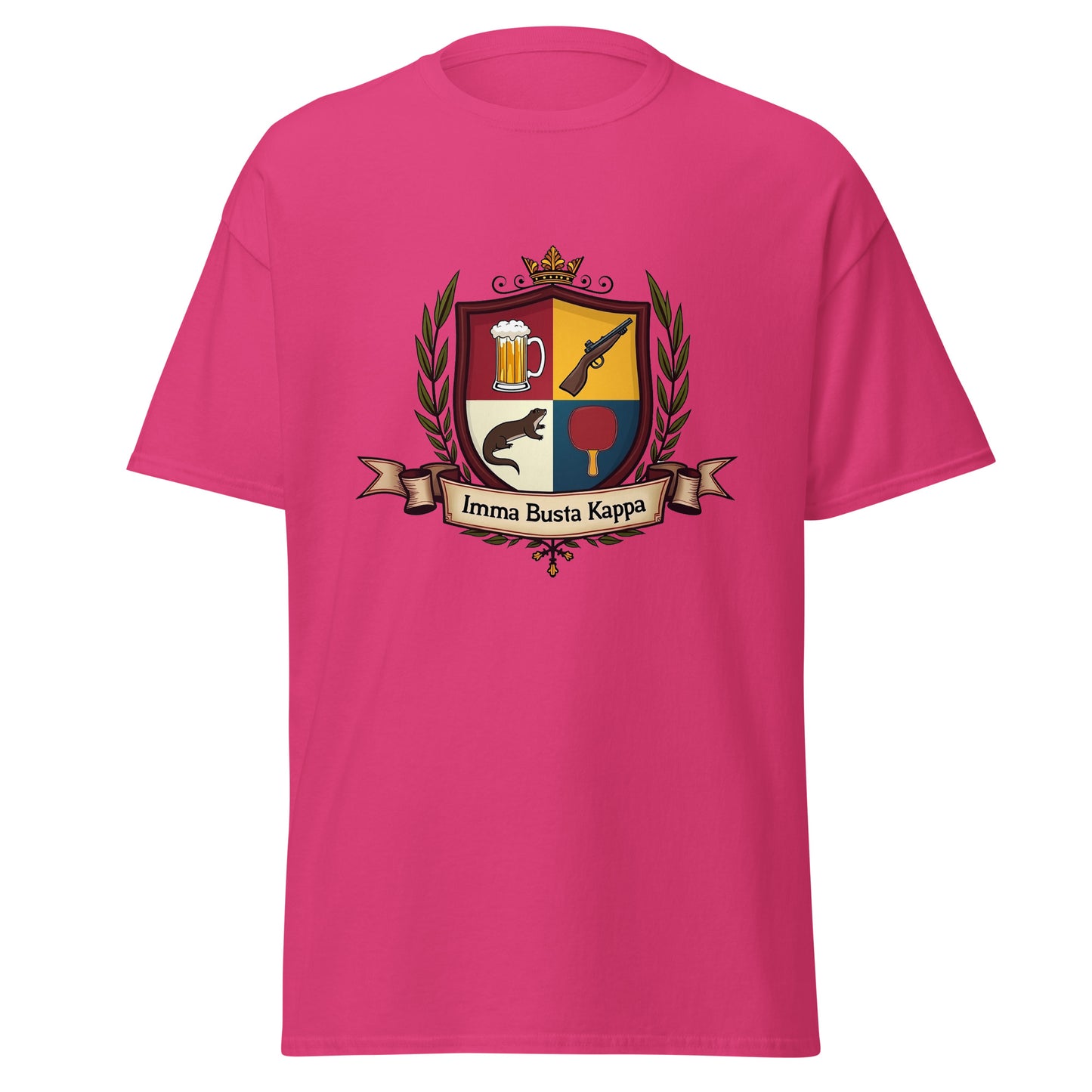 Pink fake fraternity sorority t-shirt by Fantasy Tees Plus with humorous crest design