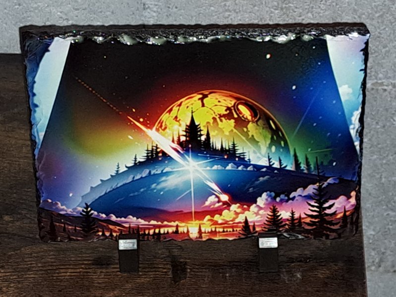 Fantasy Tees Plus artwork featuring a vibrant sci-fi landscape stone decor with a glowing planet and trees