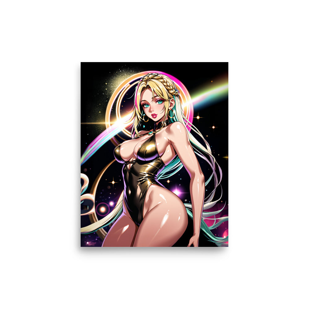 Space fantasy art poster series featuring a stylized woman in a metallic outfit with cosmic background