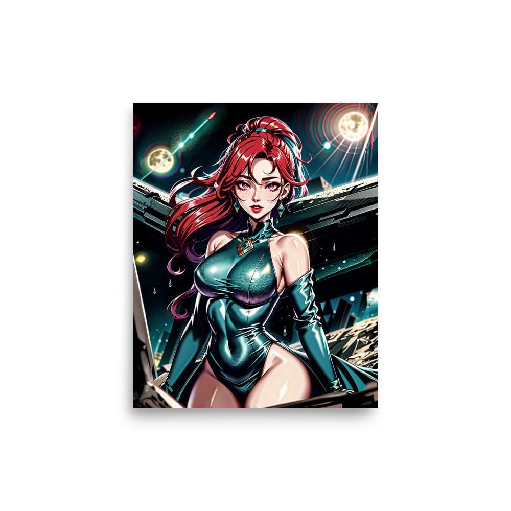 Space fantasy art poster series featuring a red-haired female warrior in futuristic armor with a cosmic background