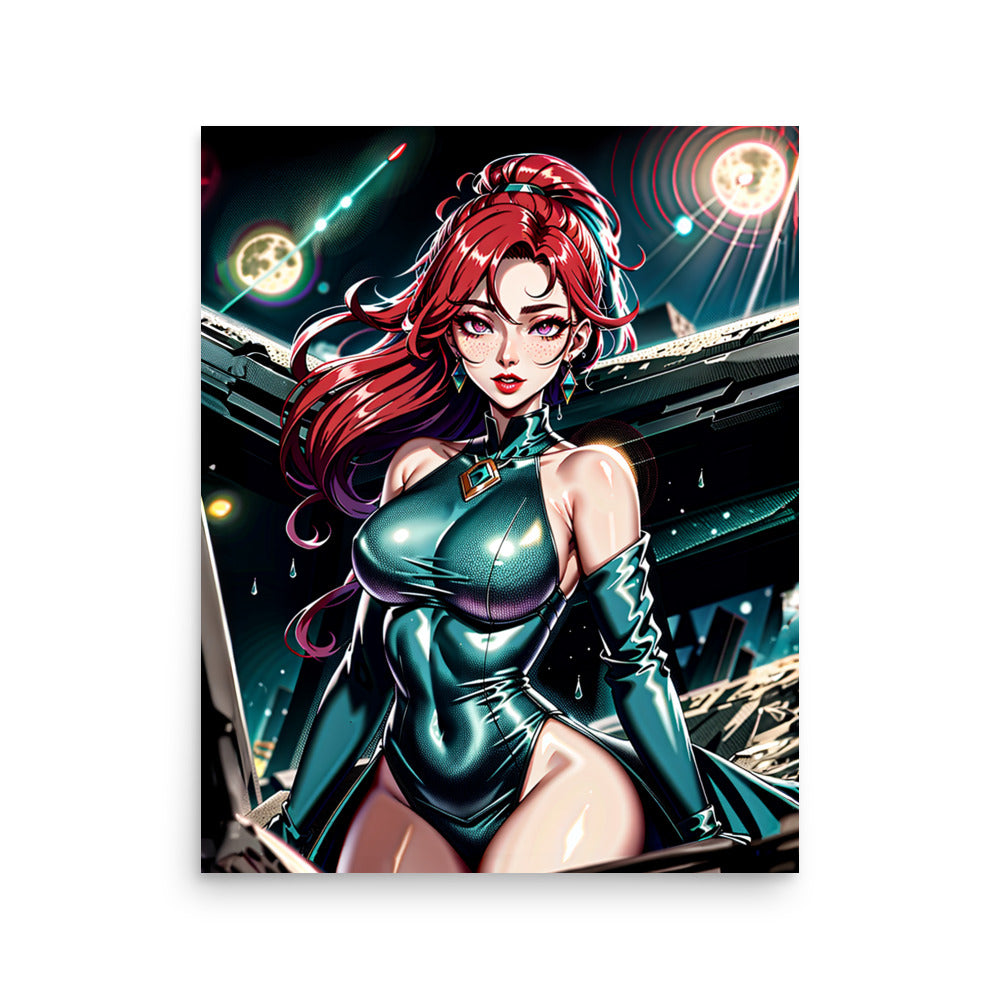 Space fantasy art poster series featuring a red-haired female warrior in futuristic armor with celestial background