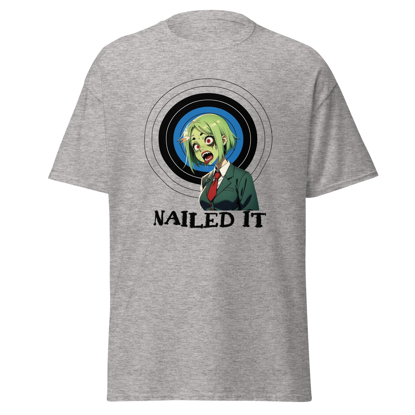 Gray zombie archery t-shirt with green zombie head graphic and nailed it text from Fantasy Tees Plus