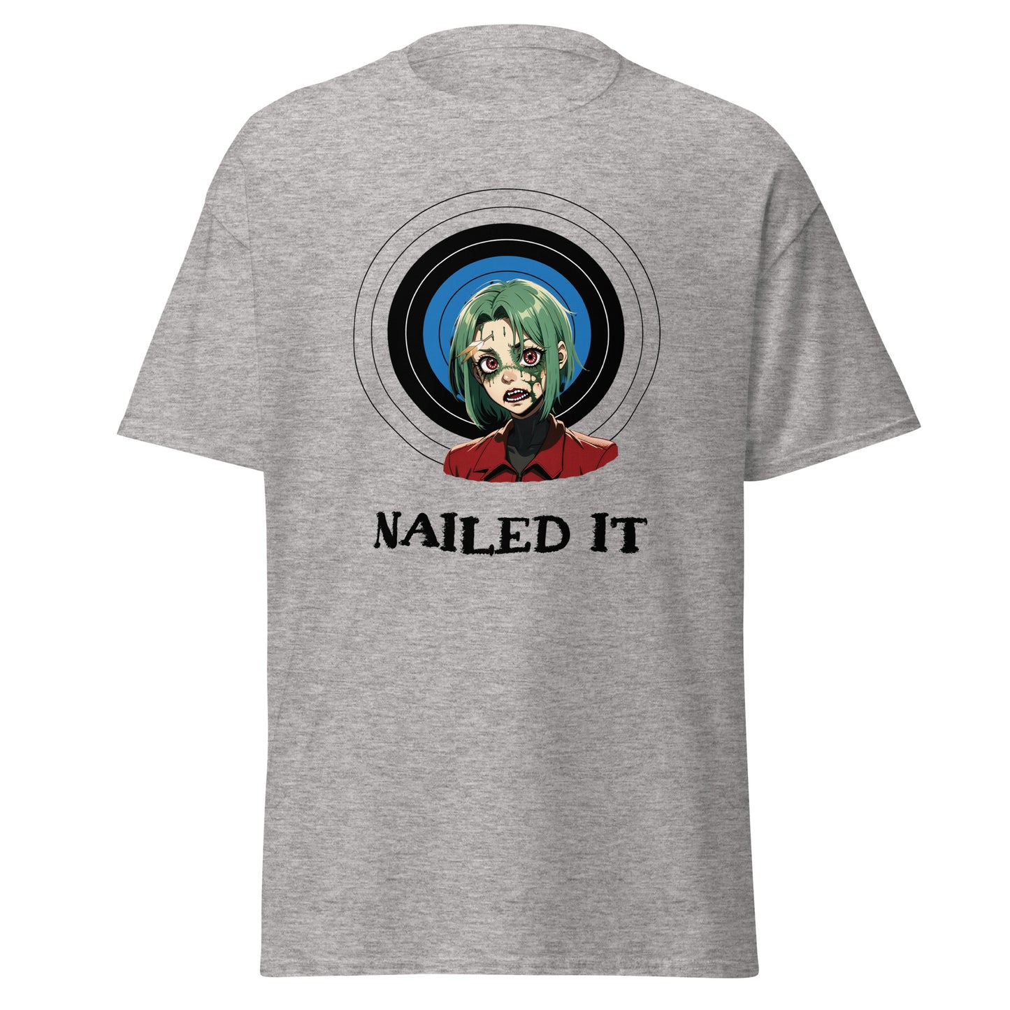 Gray zombie archery t-shirt by Fantasy Tees Plus featuring a green-haired zombie and target design