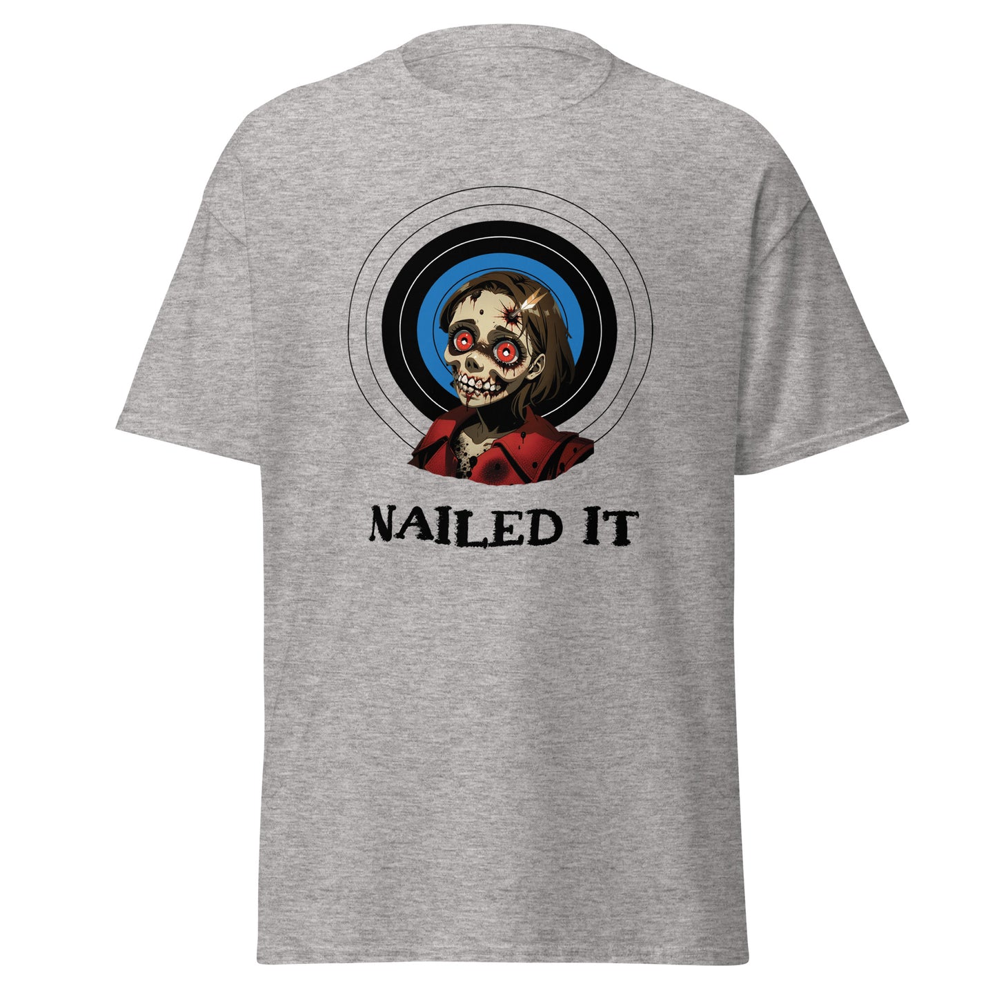 Grey zombie archery t-shirt with a graphic of a zombie hitting a target and text nailed it