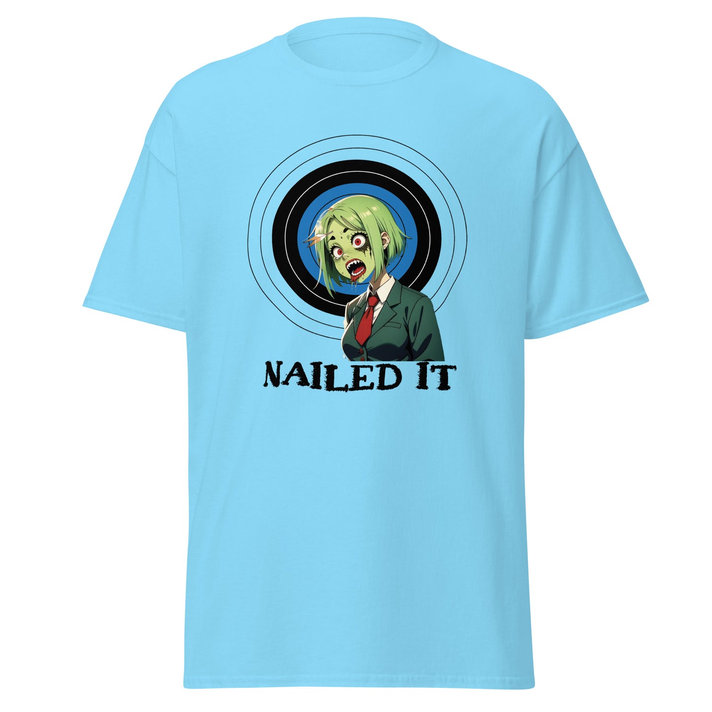 Light blue zombie archery t-shirt with a green zombie character and target graphic from Fantasy Tees Plus