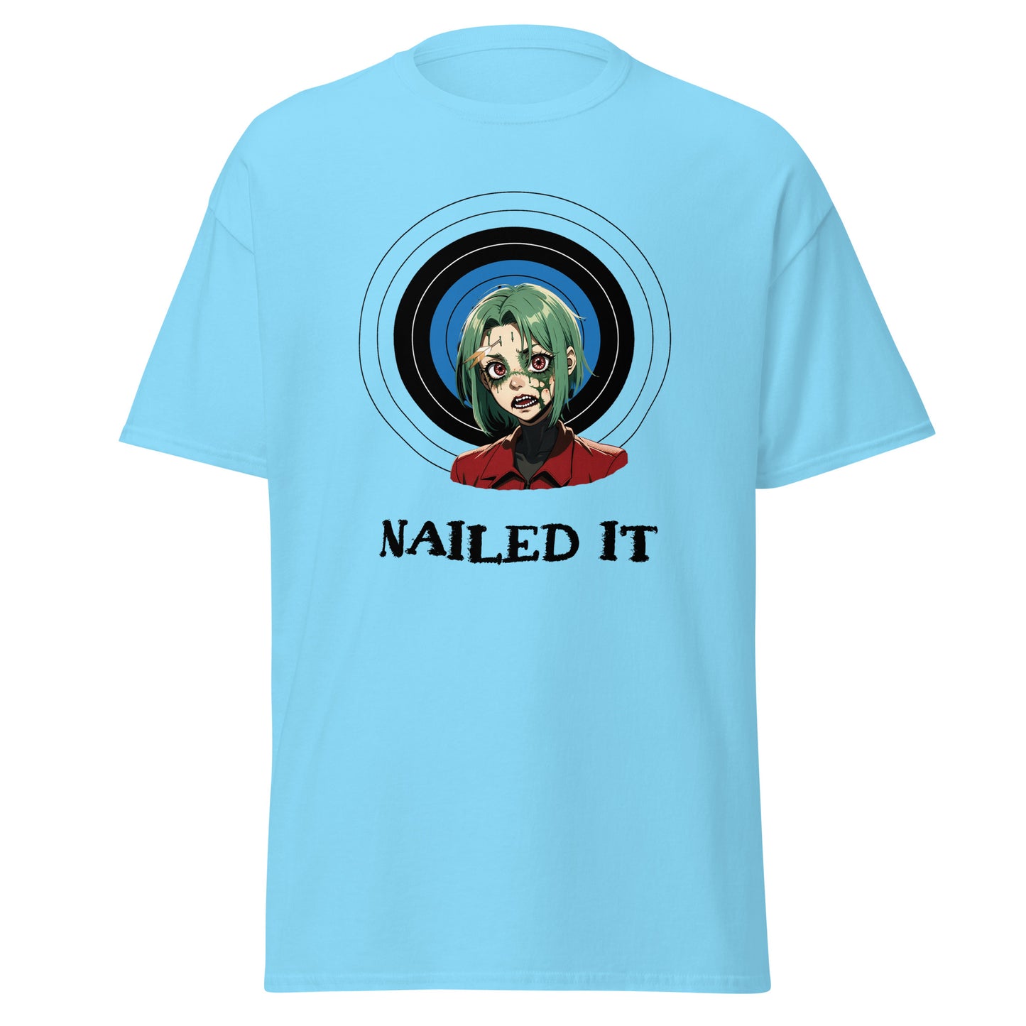 Light blue zombie archery t-shirt from Fantasy Tees Plus featuring a zombie with green hair and target design