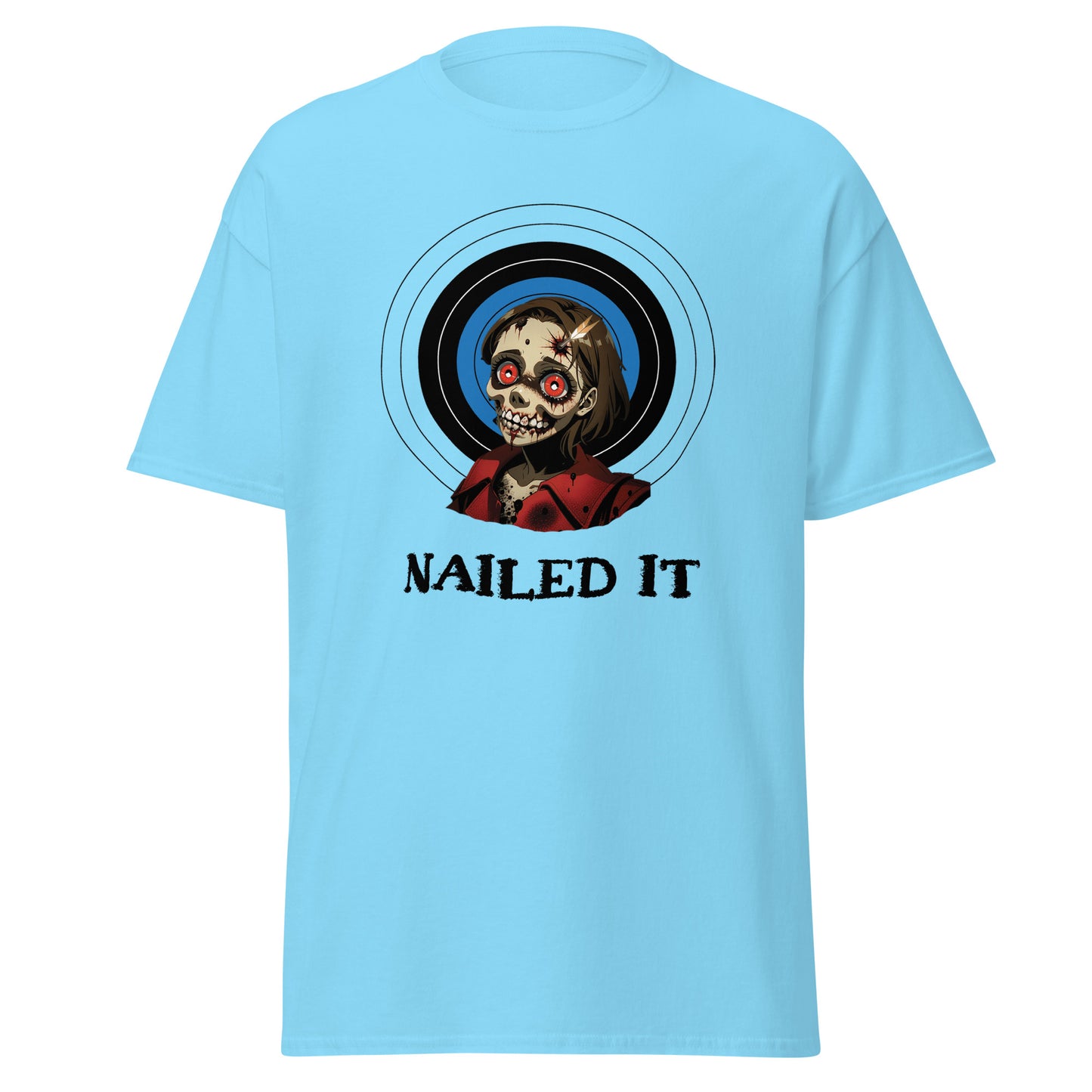 Light blue zombie archery t-shirt from Fantasy Tees Plus with graphic of a zombie head and target design