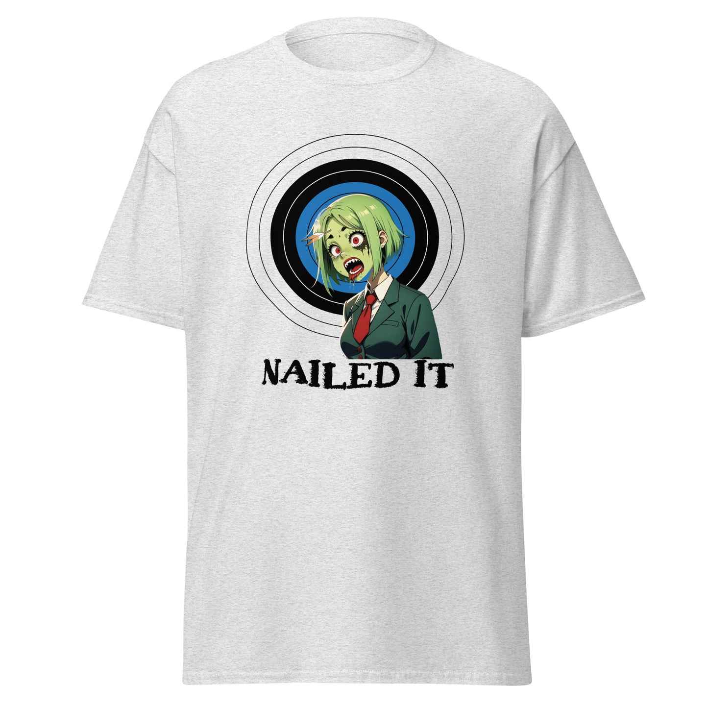 Zombie archery t-shirt with a green-haired zombie and target design saying nailed it by Fantasy Tees Plus