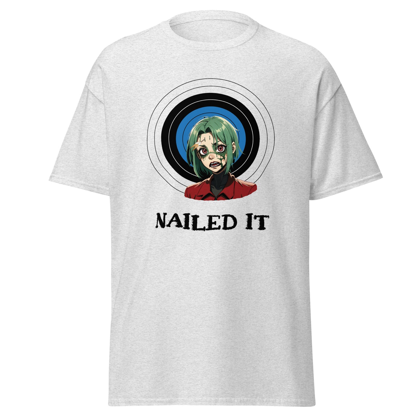 Zombie archery t-shirt with cartoon zombie target design and nailed it text on white shirt