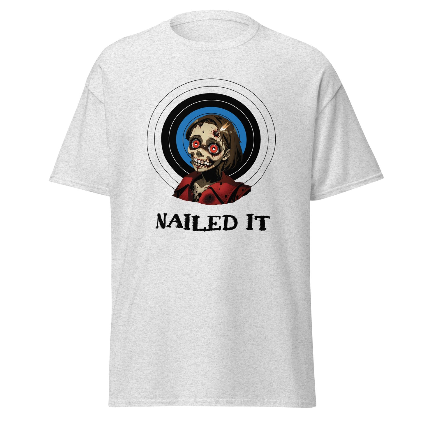 Gray zombie archery t-shirt by Fantasy Tees Plus featuring a cartoon zombie and target with nailed it text