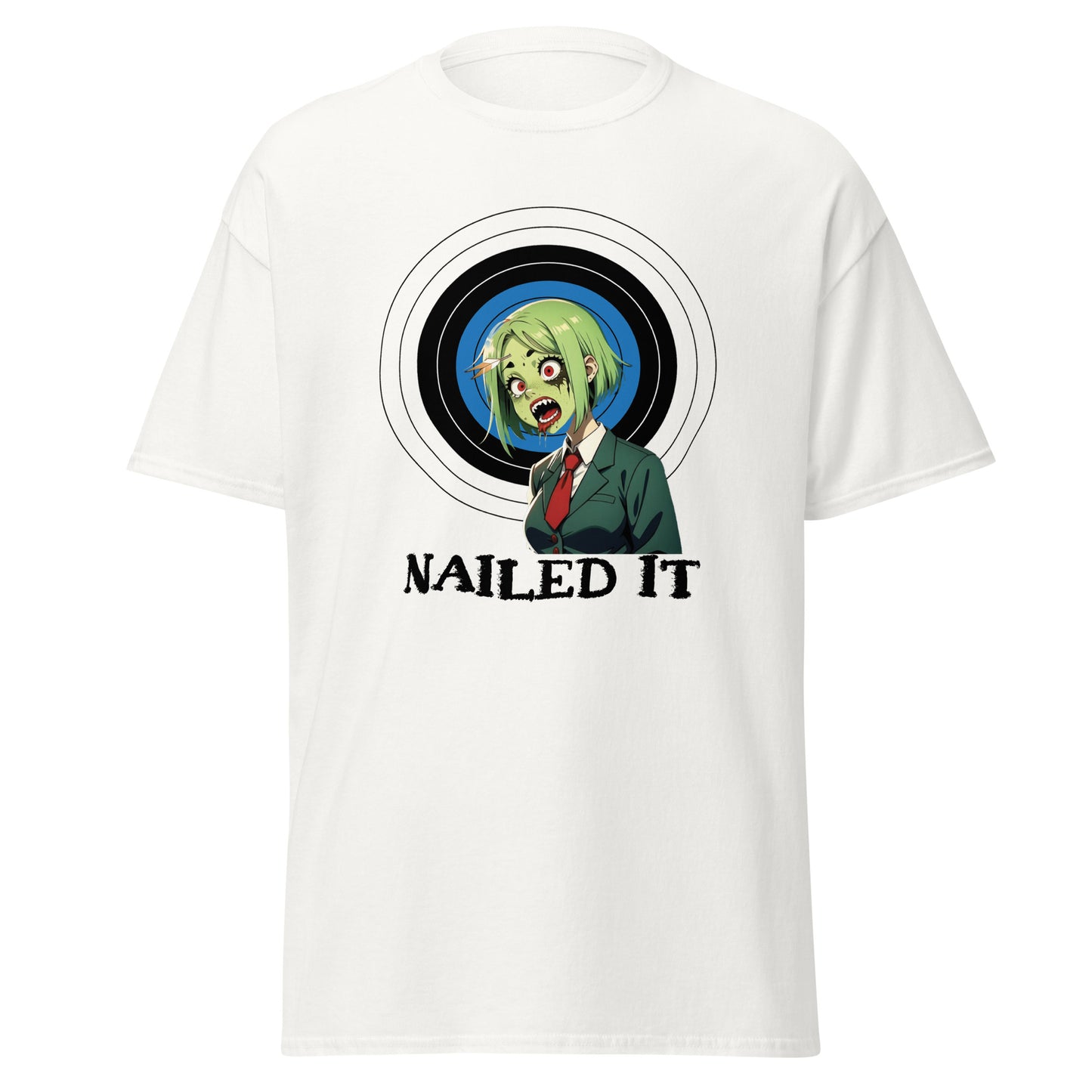 White zombie archery t-shirt with cartoon zombie and target graphic saying nailed it