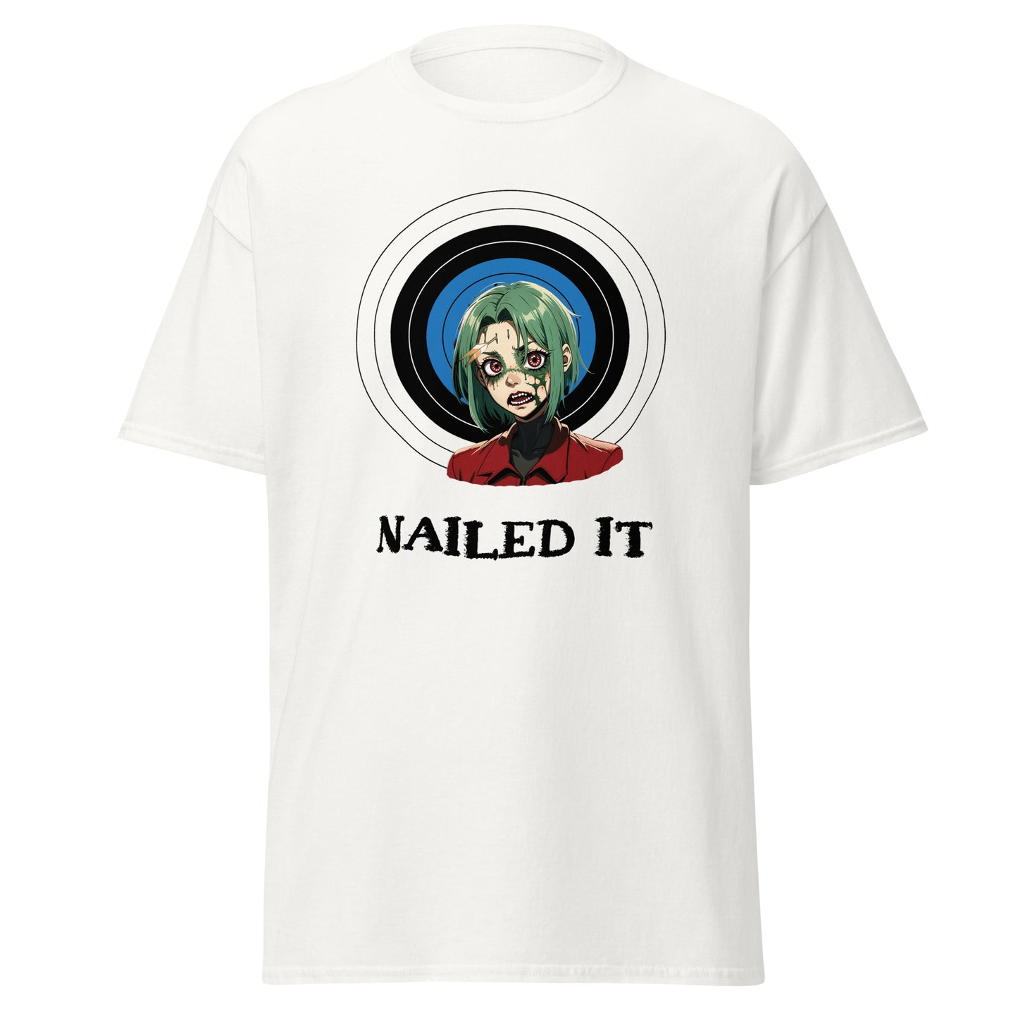White zombie archery t-shirt by Fantasy Tees Plus featuring a cartoon zombie with target and Nailed It text