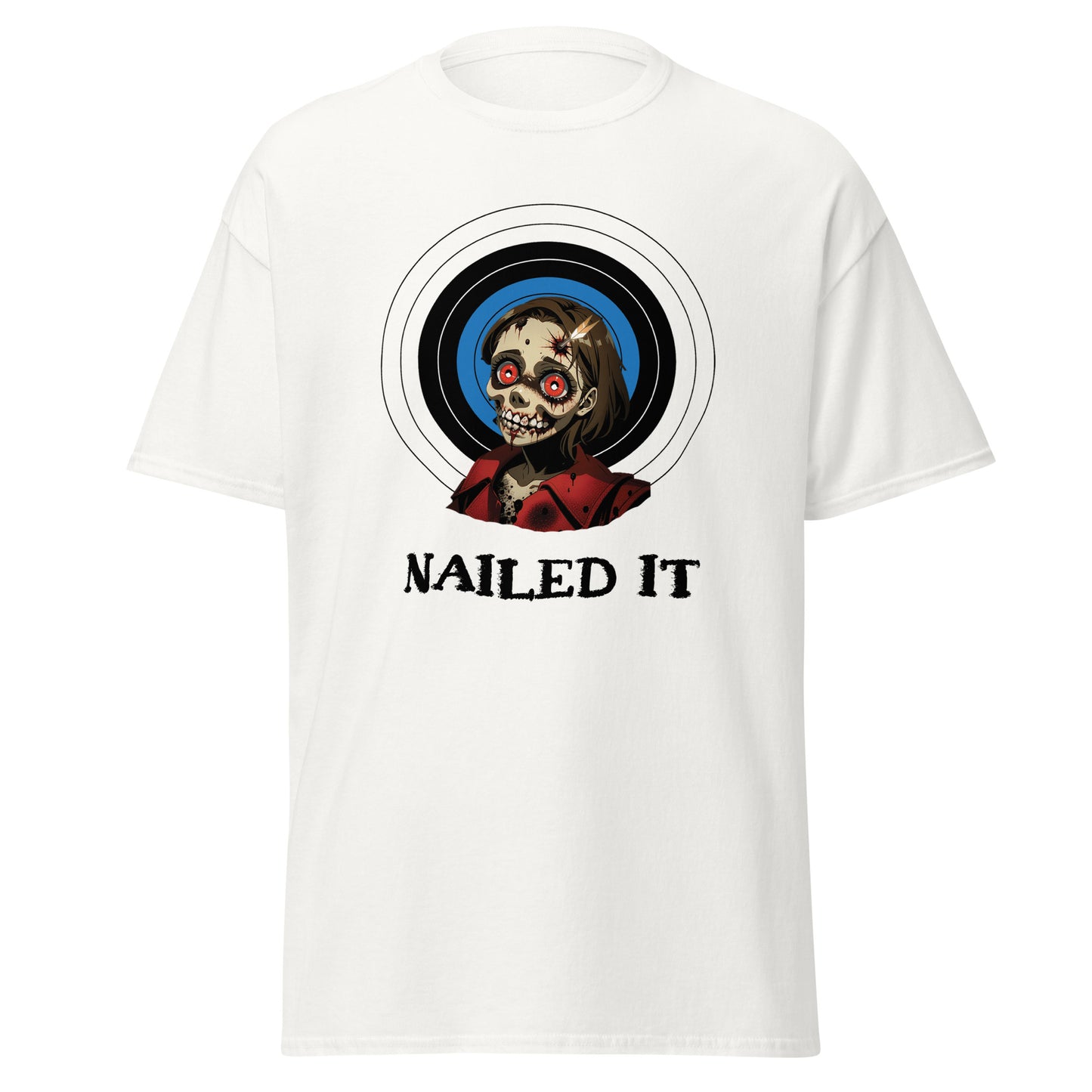 White zombie archery t-shirt with red-eyed zombie and target design by Fantasy Tees Plus