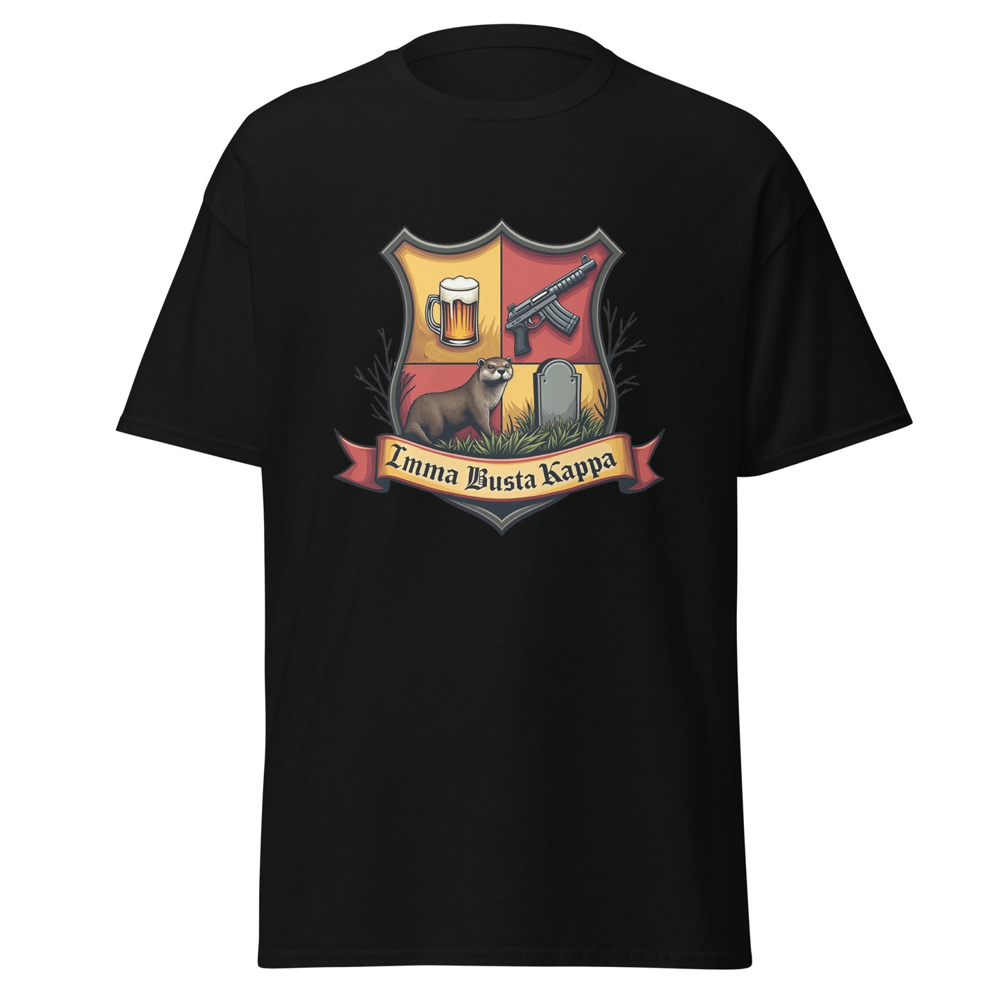 Black fake fraternity sorority t-shirt by Fantasy Tees Plus with crest featuring beer mug, gun, ferret, and gravestone