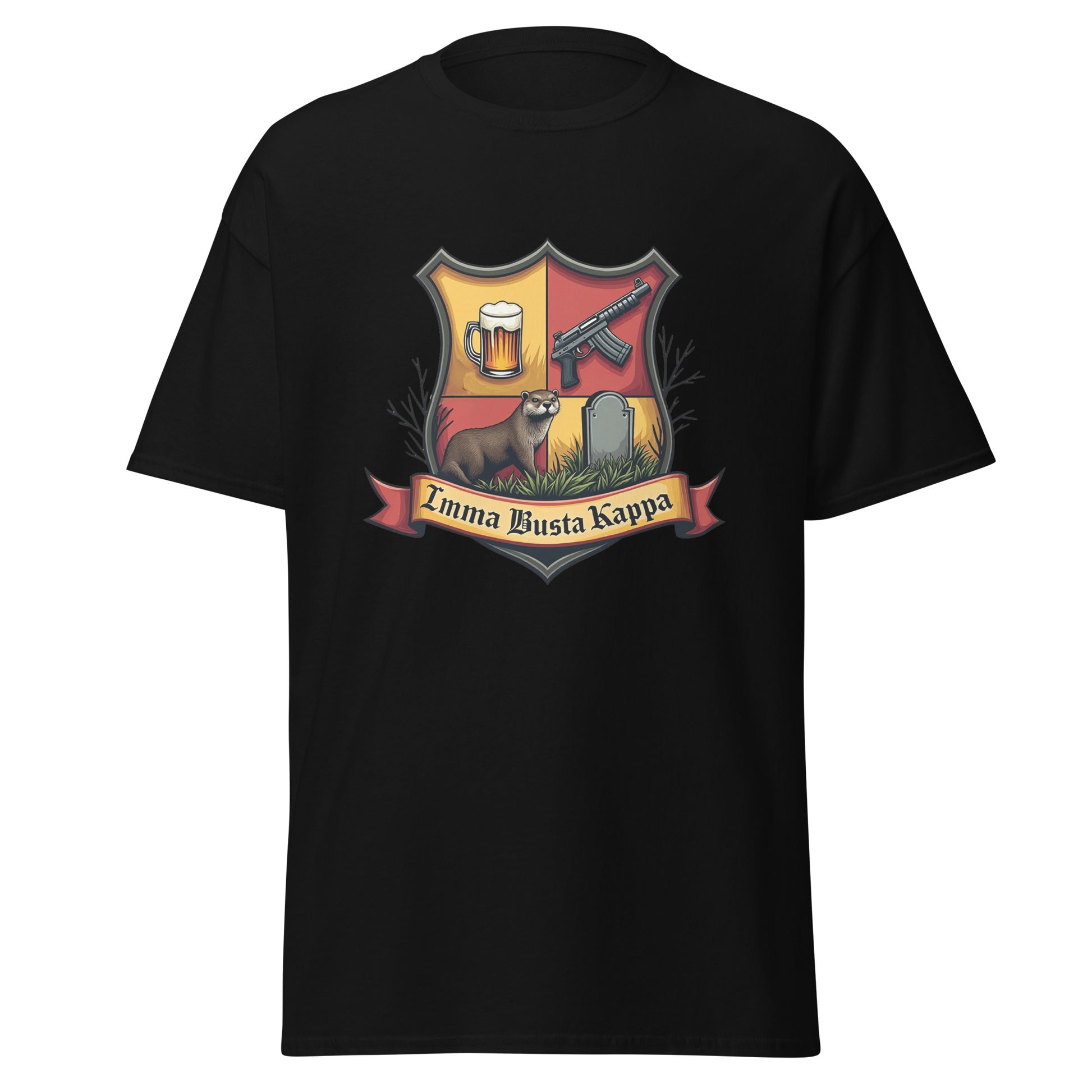 Black fake fraternity sorority t-shirt by Fantasy Tees Plus with crest featuring beer mug, gun, ferret, and gravestone
