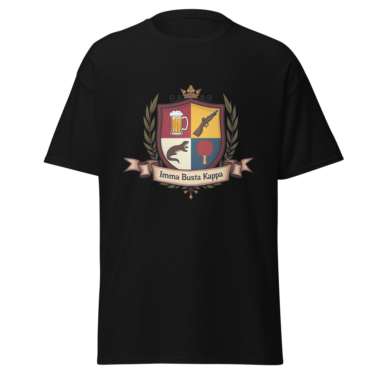 Black fake fraternity sorority t-shirt with humorous crest design including beer mug ping pong paddle and rifle