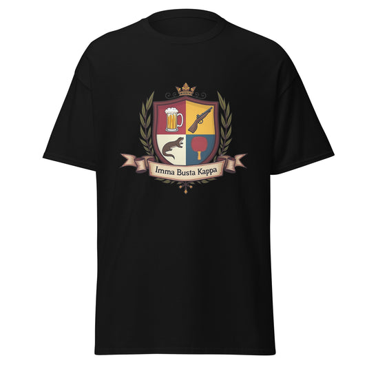 Black fake fraternity sorority t-shirt with humorous crest design including beer mug ping pong paddle and rifle