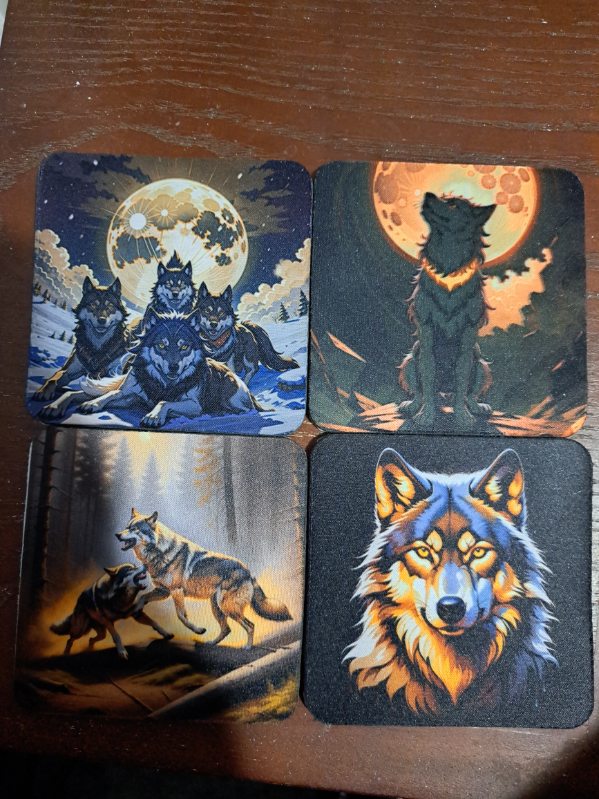 Fantasy art wolf coasters set with detailed wolf illustrations under moonlight by Fantasy Tees Plus