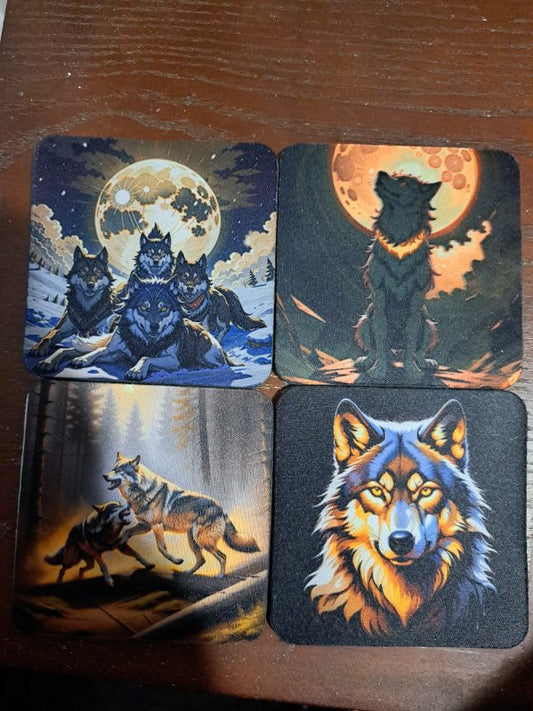 Fantasy art wolf coasters set with detailed wolf illustrations under moonlight by Fantasy Tees Plus