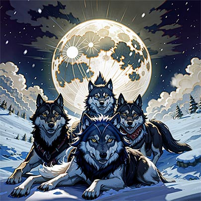 Fantasy art wolf coasters featuring four wolves under a glowing full moon in a snowy landscape
