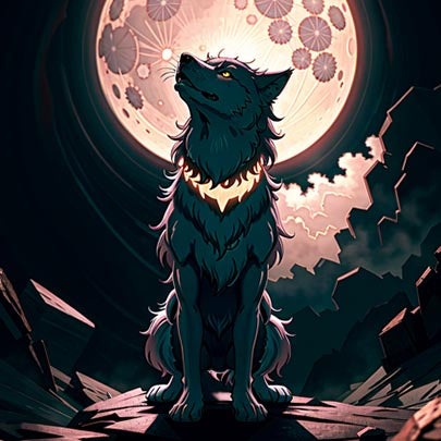 Fantasy art wolf coasters featuring a mystical black wolf sitting under a glowing full moon with intricate details