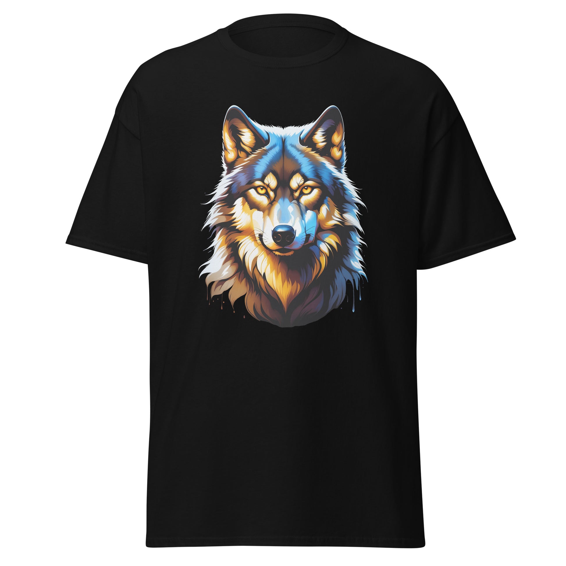 Fantasy lone wolf oil painting style wolf unisex t-shirt in black with detailed wolf artwork