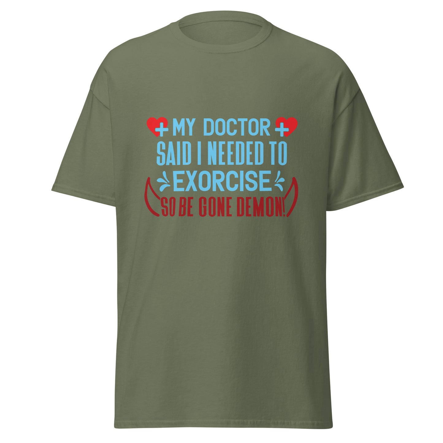Funny anti-exercise t-shirt in olive green with humorous medical exorcise text and red heart graphics