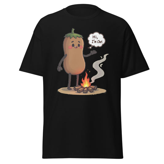 Black funny holiday t-shirt by Fantasy Tees Plus featuring a cute eggplant character saying Hi I'm Chet by a campfire