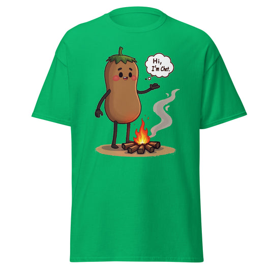 Green funny holiday t-shirt from Fantasy Tees Plus with a cute cartoon character greeting by a campfire