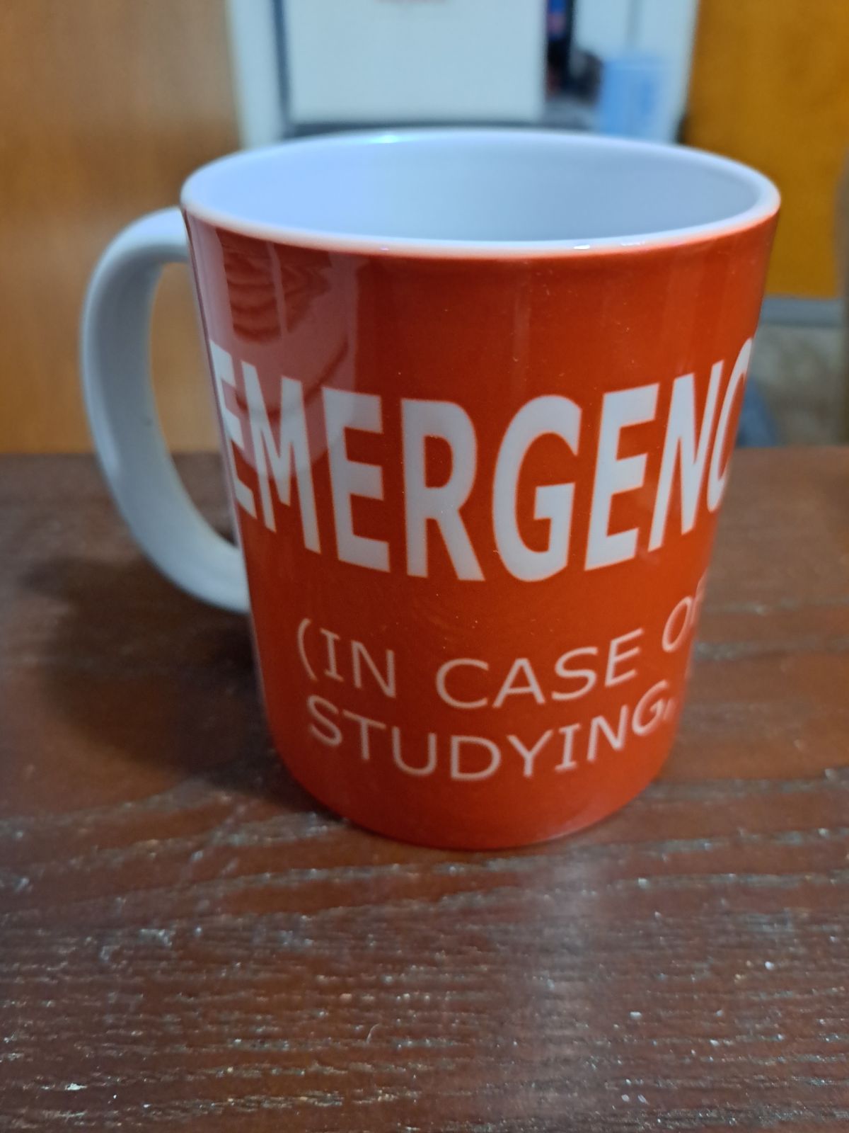 Funny sign typography coffee mug by Fantasy Tees Plus with emergency study message in white text on red