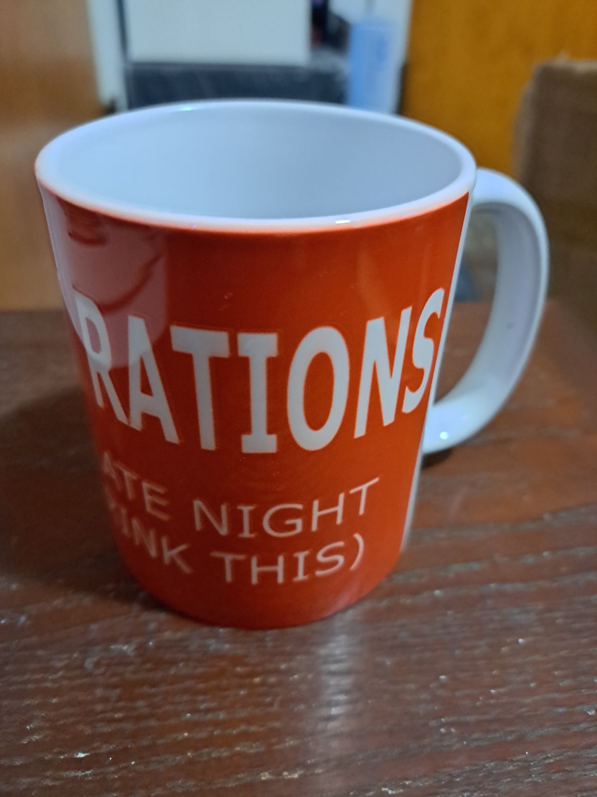 Funny sign typography coffee mug in orange with white text by Fantasy Tees Plus