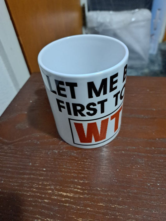 Funny typography coffee mug from Fantasy Tees Plus with bold black and orange text design