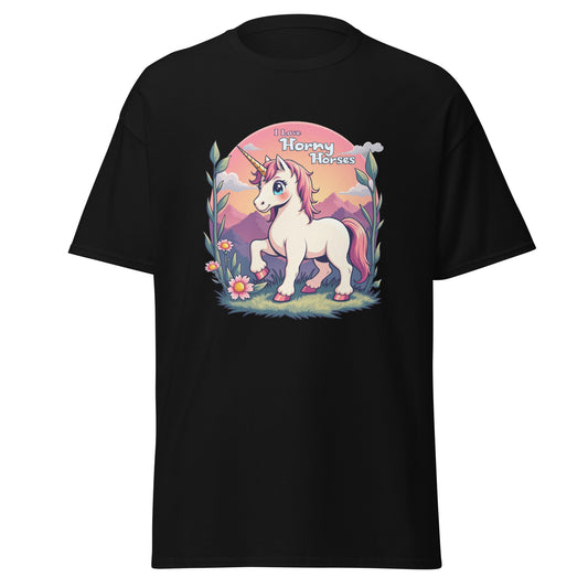 Black funny unicorn graphic t-shirt with a cute unicorn and I love horny horses text from Fantasy Tees Plus