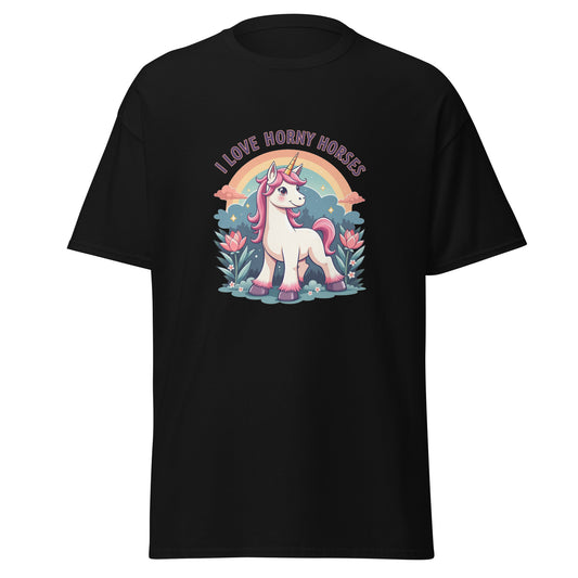 Fantasy Tees Plus funny unicorn graphic t-shirt with cartoon unicorn and I love horny horses text