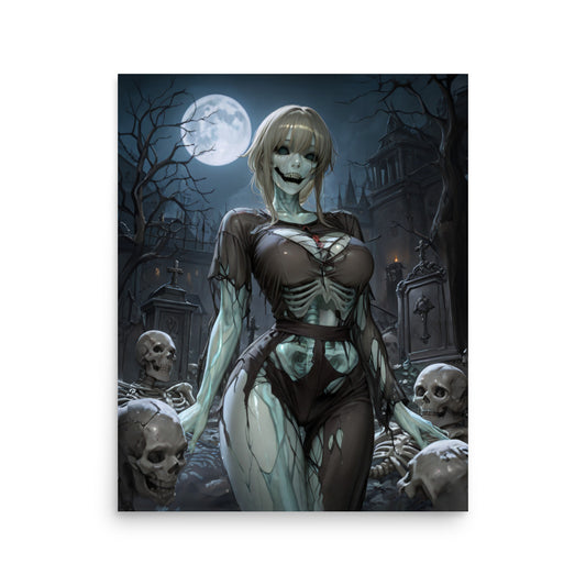 Ghost girl in a graveyard poster featuring a spooky character amidst skulls and tombstones