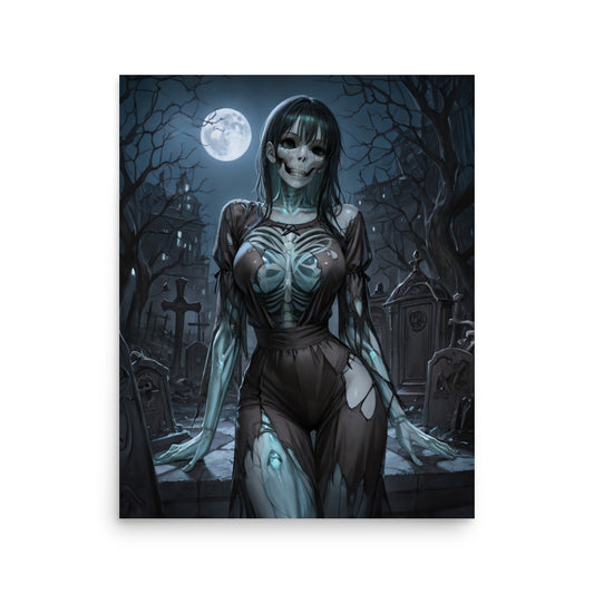 Haunting ghost girl in a graveyard poster with eerie moonlight and skeletal features