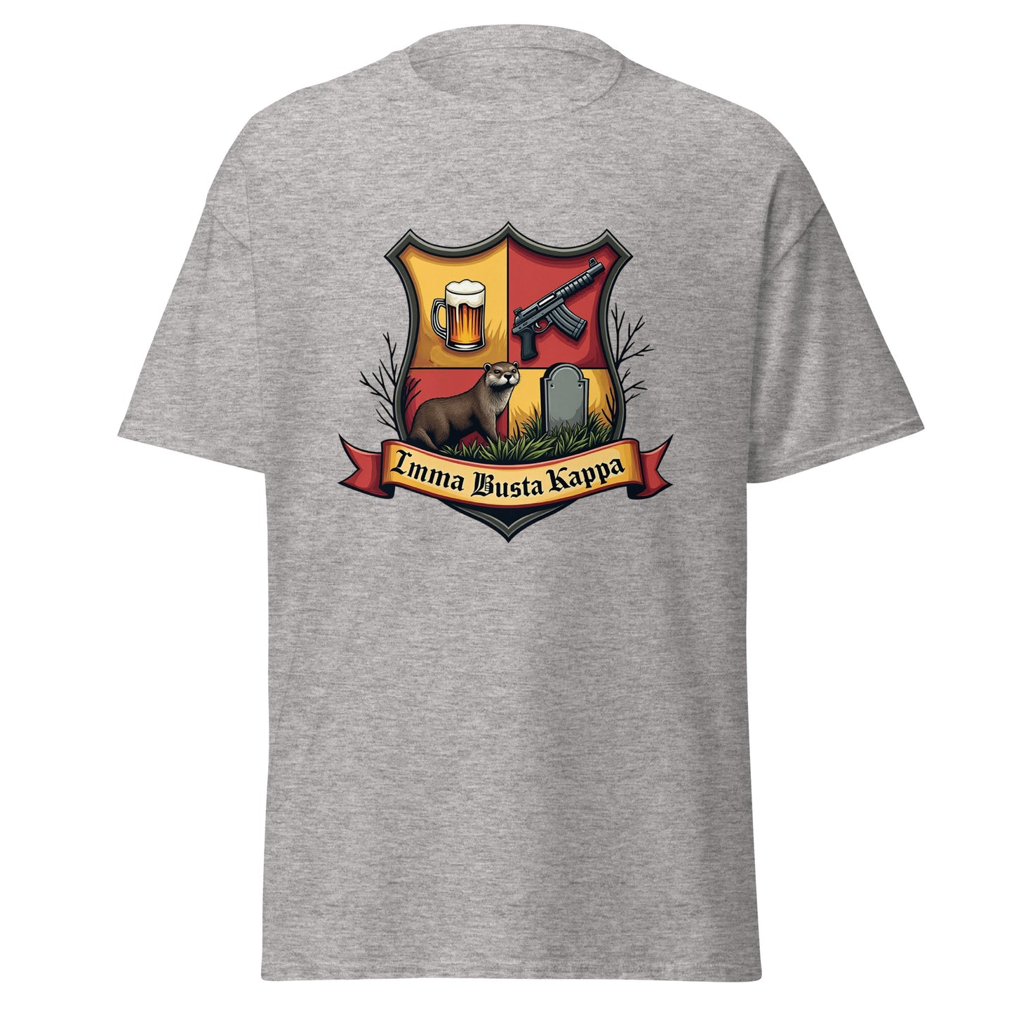 Gray fake fraternity sorority t-shirt with humorous crest design featuring a beer mug, gun, ferret, and tombstone