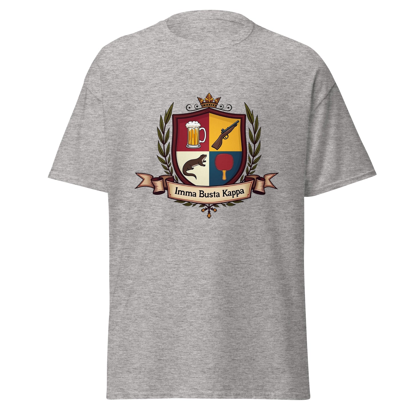 Gray fake fraternity sorority t-shirt by Fantasy Tees Plus with humorous crest design