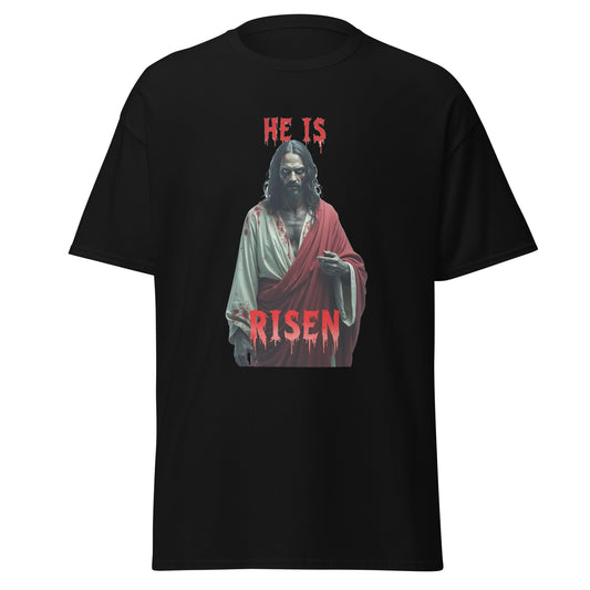 He is Risen horror t-shirt with creepy zombie Jesus design on black Fantasy Tees Plus shirt