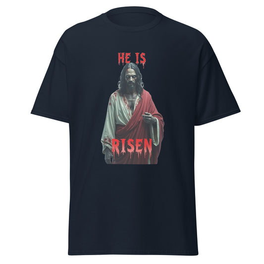 He is Risen horror t-shirt by Fantasy Tees Plus with dark design and red text on black fabric