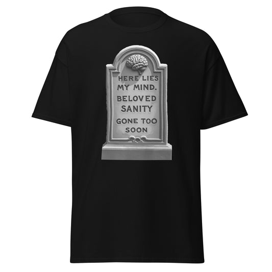 Black Here Lies My Mind T-Shirt from Fantasy Tees Plus with tombstone and brain graphic