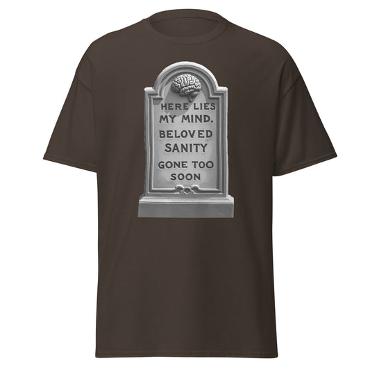 Brown Here Lies My Mind T-Shirt featuring a tombstone design with a brain graphic and text