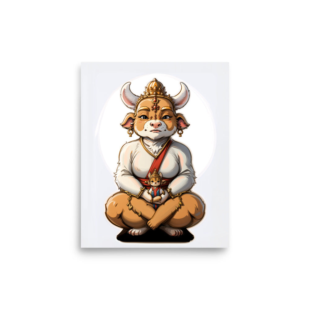 Holy cow funny poster featuring a meditating cow character in traditional attire holding a small figure