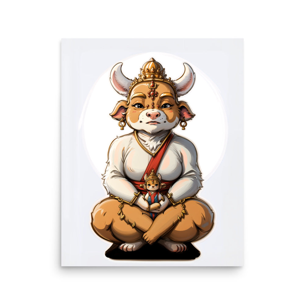 Holy cow funny poster artwork featuring a meditating cow deity holding a small doll