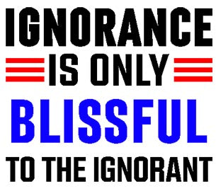 Ignorance is Bliss Coffee Mug with bold black and blue text design by Fantasy Tees Plus